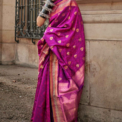 Magenta Floral Zari Work Woven Banarasi Silk Saree