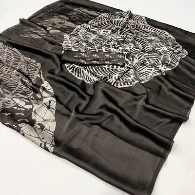 Dark Coffee Brown Contemporary Printed Satin Saree