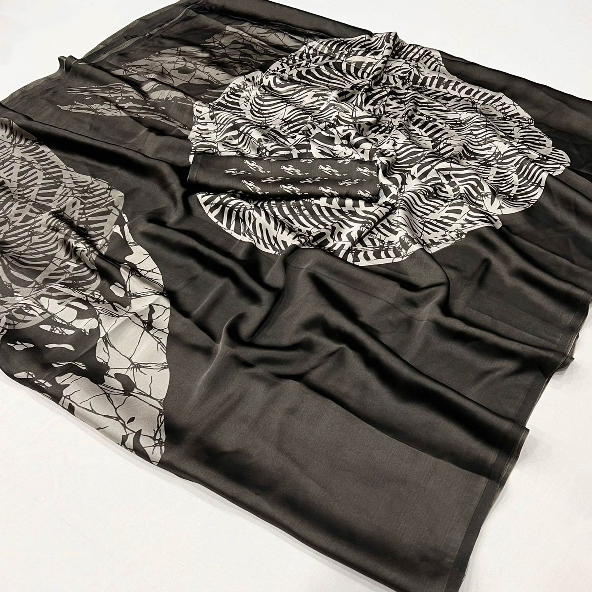 Dark Coffee Brown Contemporary Printed Satin Saree
