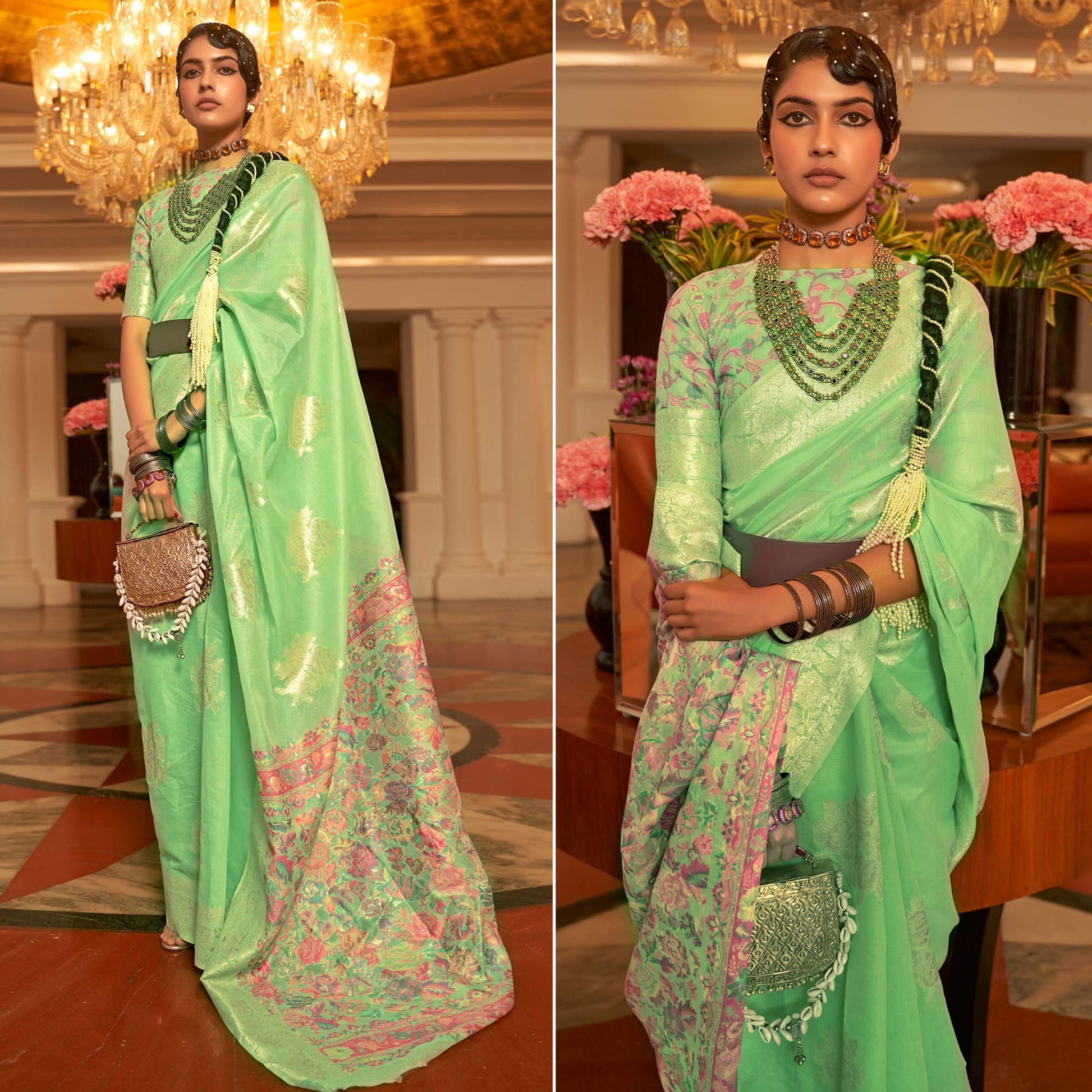 green-floral-woven-modal-saree-1