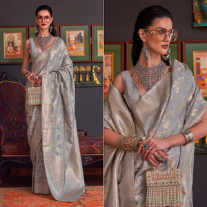 Grey Woven Art Silk Saree With Tassels