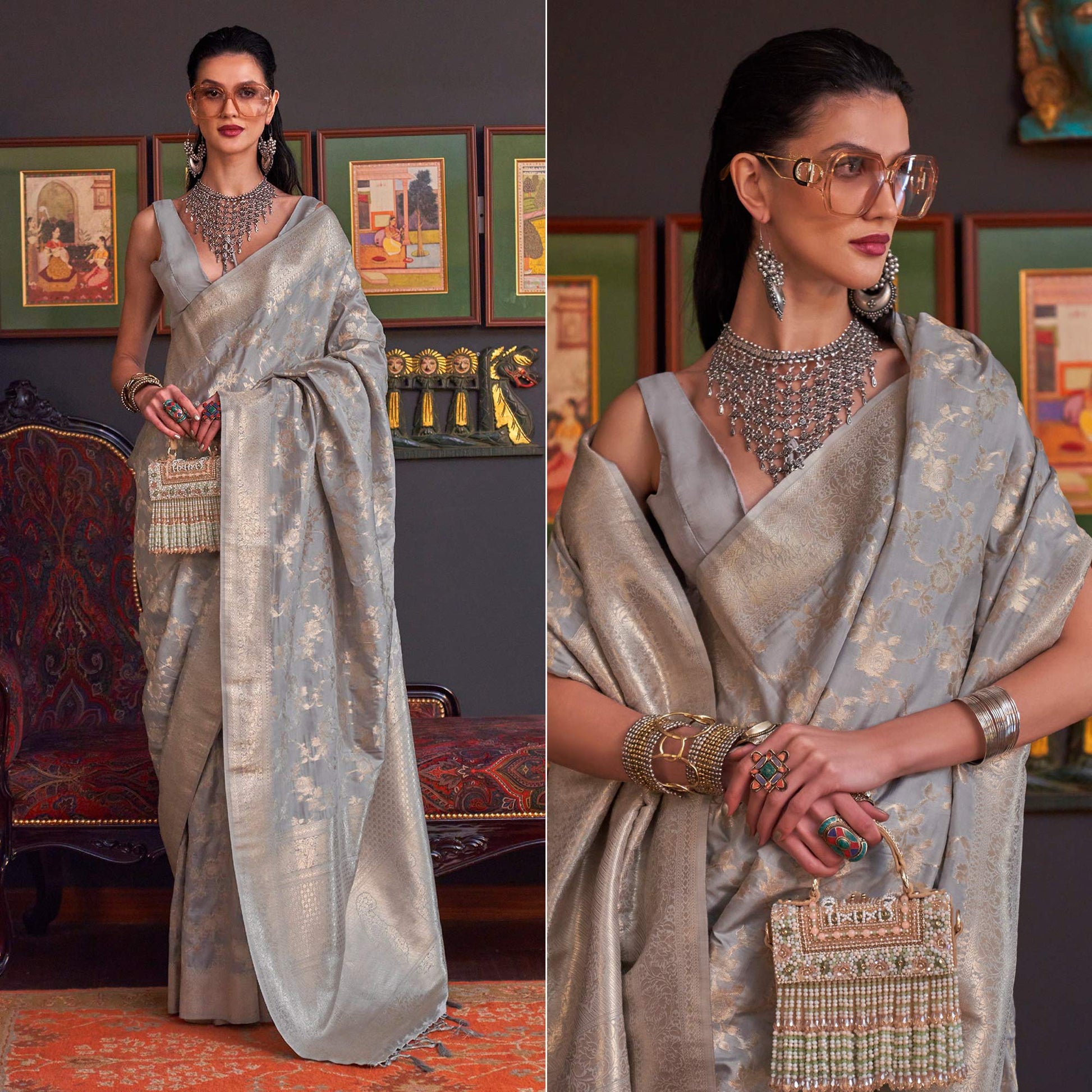 Grey Woven Art Silk Saree With Tassels