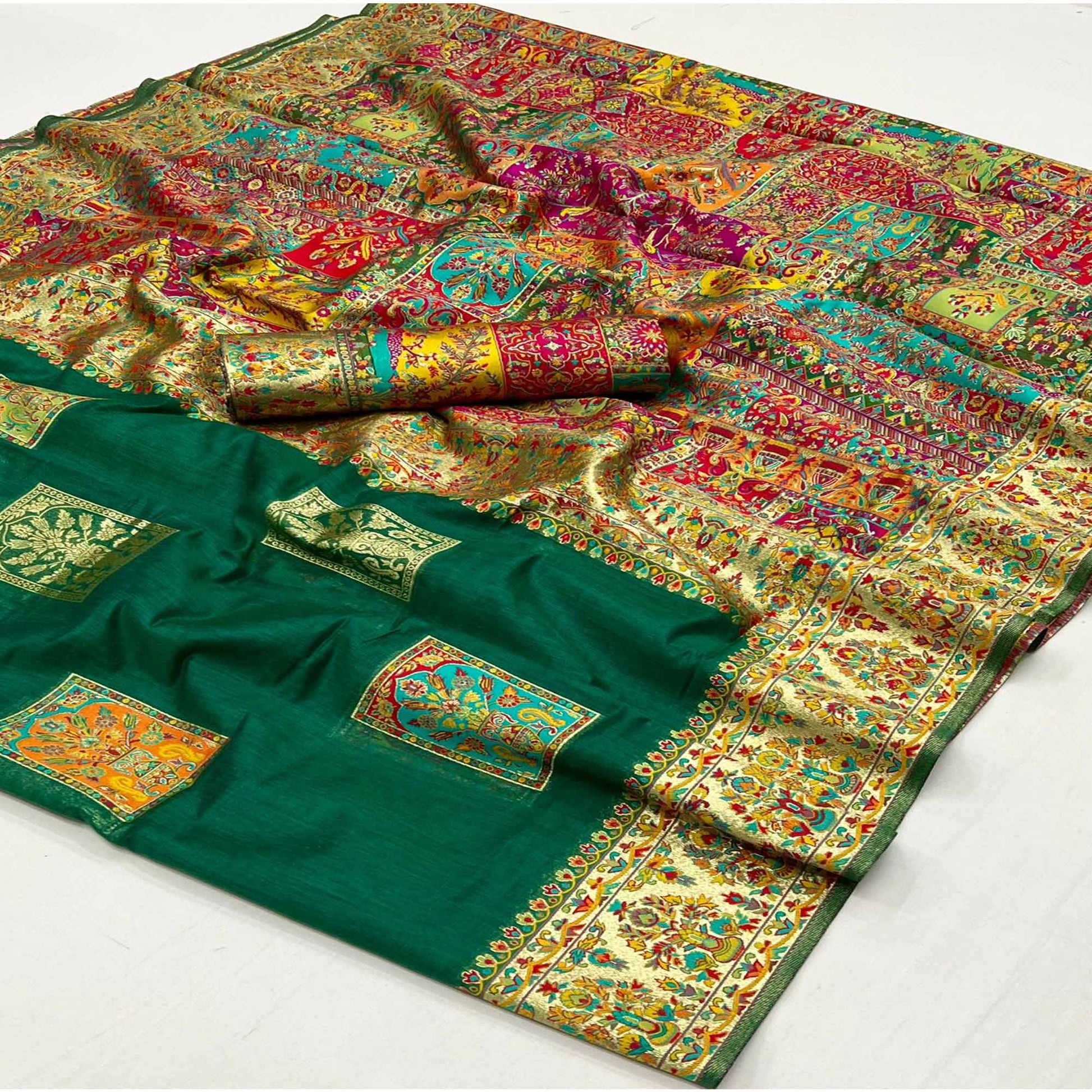 Dark Green Floral Embroidered Woven Chanderi Silk Saree