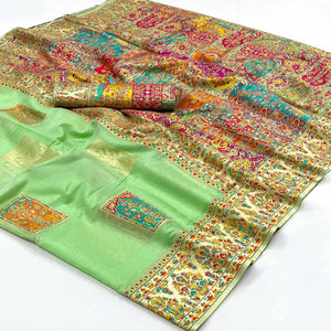 Light Green Floral Embroidered Woven Chanderi Silk Saree