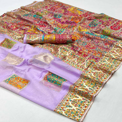 Lavender Floral Embroidered Woven Chanderi Silk Saree