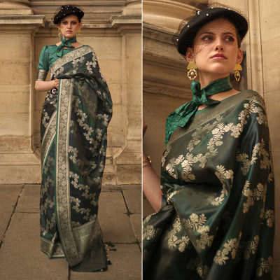 Bottle Green Floral Woven Satin Saree With Tassels