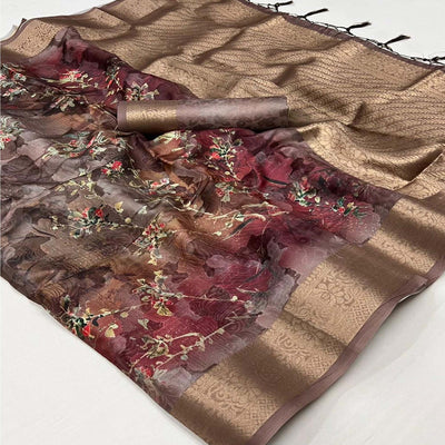 Brown Floral Woven Brasso Saree With Tassels