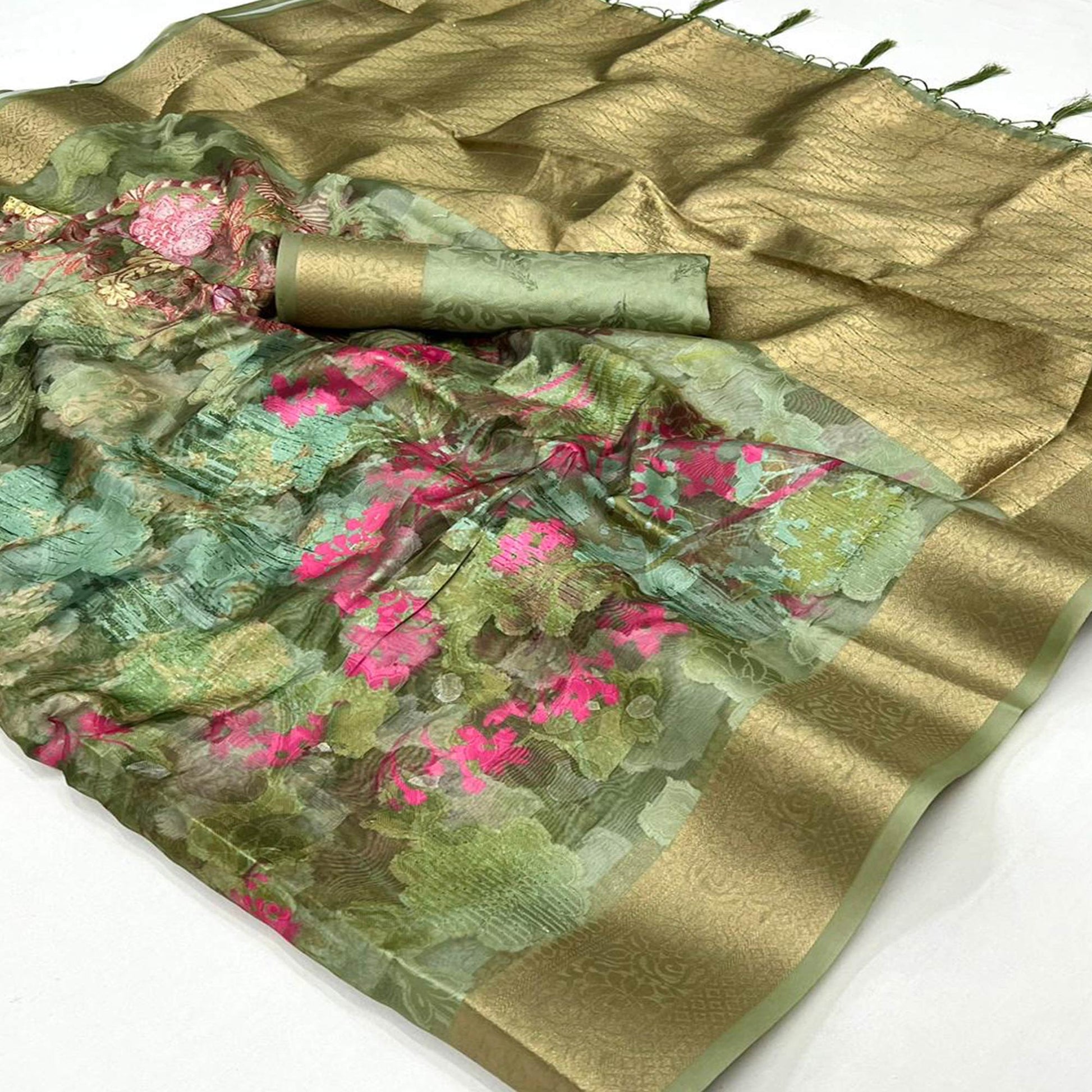 Mehandi Green Floral Woven Brasso Saree With Tassels