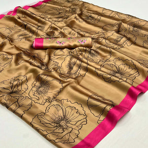 Chikoo Digital Printed Satin Saree