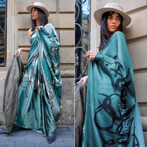 Dark Firozi Printed Satin Saree