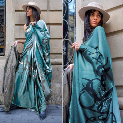 Dark Firozi Printed Satin Saree