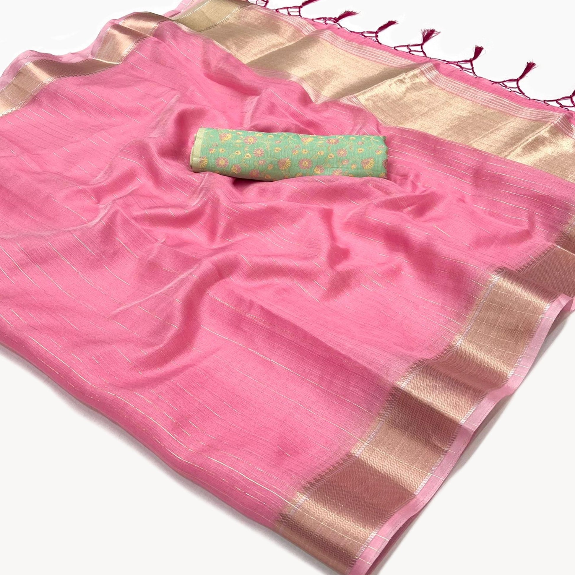Gajri Pink Woven Zari Chiffon Saree