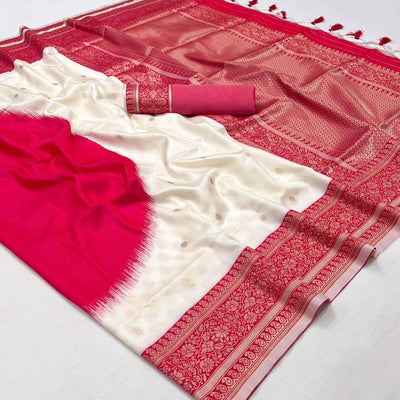 Cream & Red Zari Butti Work Banarasi Silk Saree