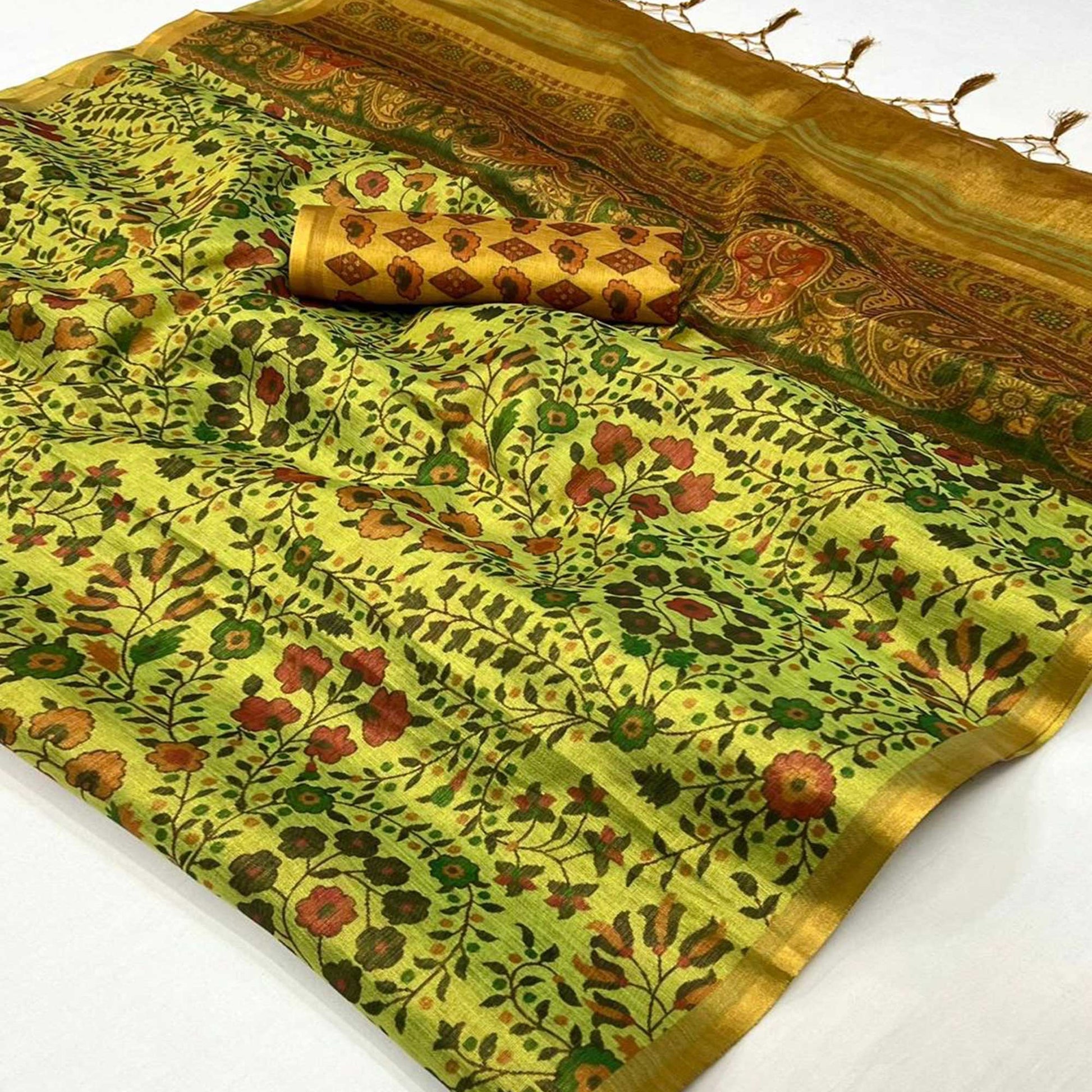 green-floral-printed-tissue-saree-with-tassels