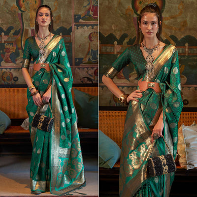 green-floral-woven-satin-saree-with-tassels-1