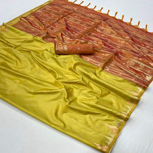 Lemon Yellow Zari Work Woven Tussar Silk Saree With Tassels