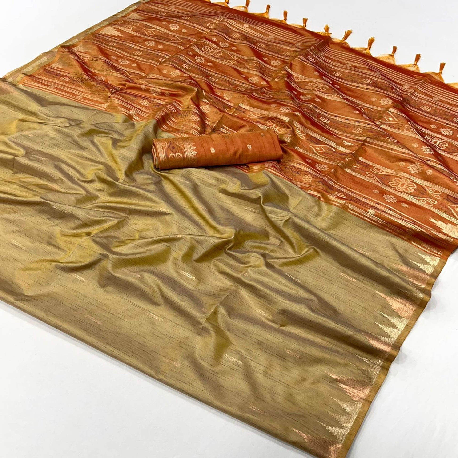 Chikoo Zari Work Woven Tussar Silk Saree With Tassels