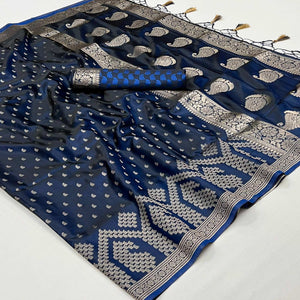 Blue Woven Satin Saree With Tassels