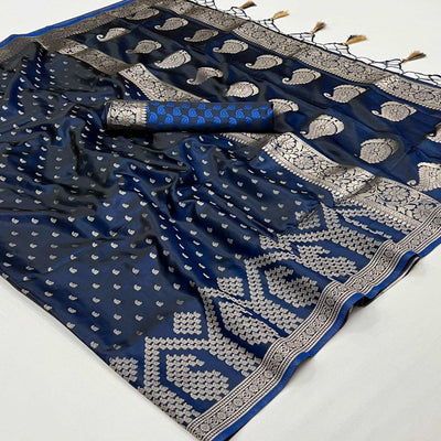 Blue Woven Satin Saree With Tassels