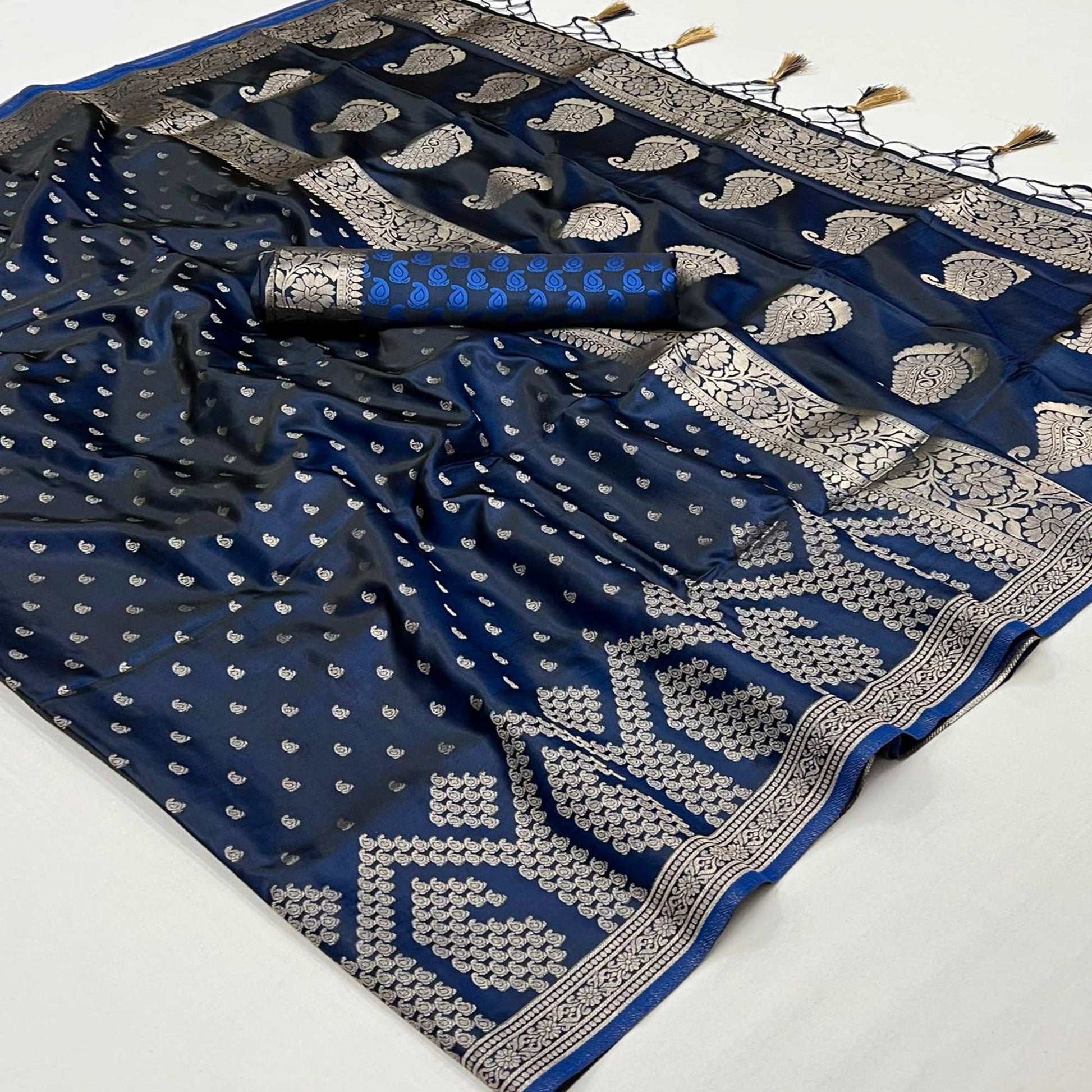 Blue Woven Satin Saree With Tassels