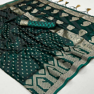 Bottle Green Woven Satin Saree With Tassels