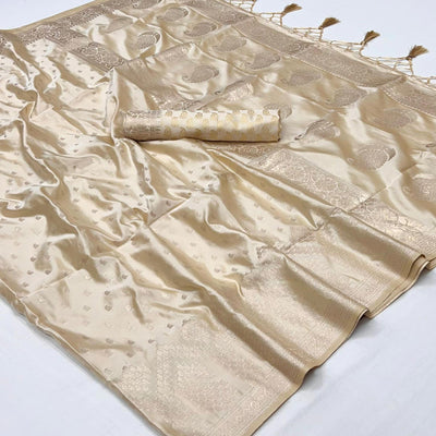 Cream Woven Satin Saree With Tassels