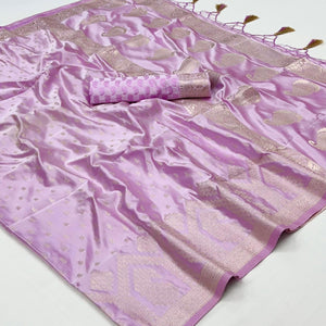 Light Lavender Woven Satin Saree With Tassels
