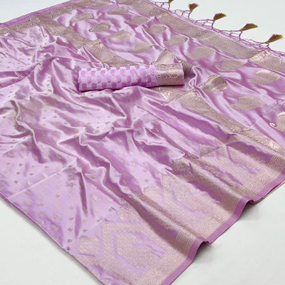 Light Lavender Woven Satin Saree With Tassels