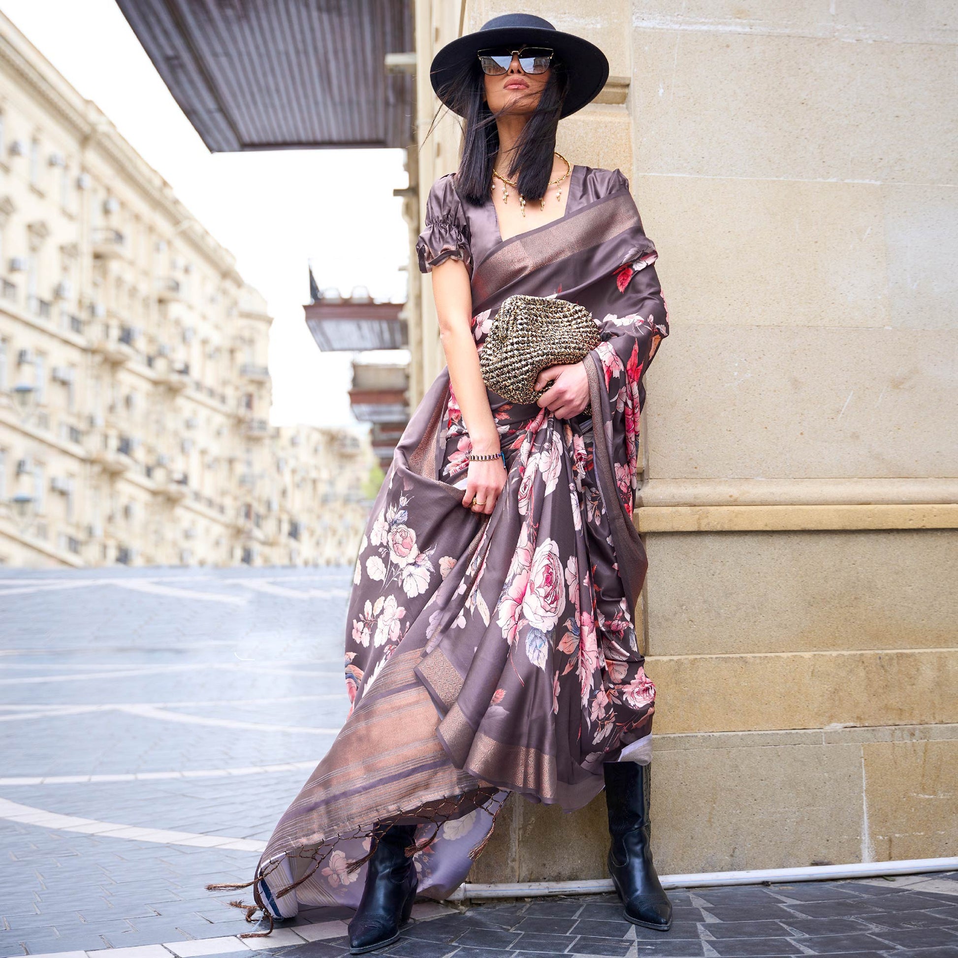 Coffee Brown Digital Printed Satin Saree With Tassels