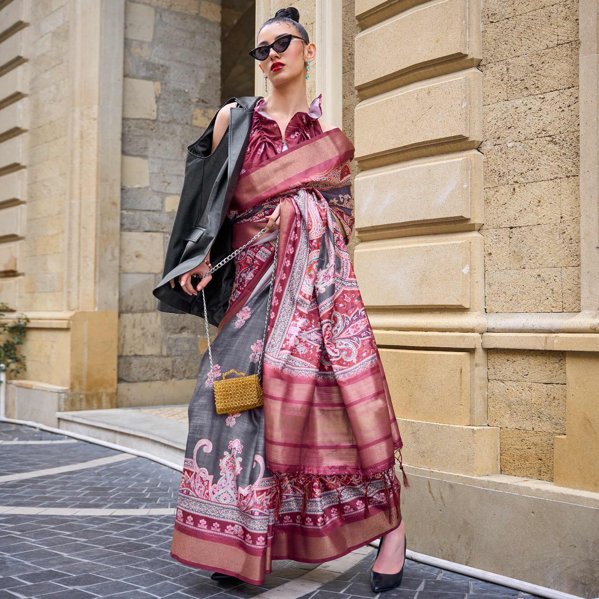 grey-digital-printed-satin-saree-with-tassels