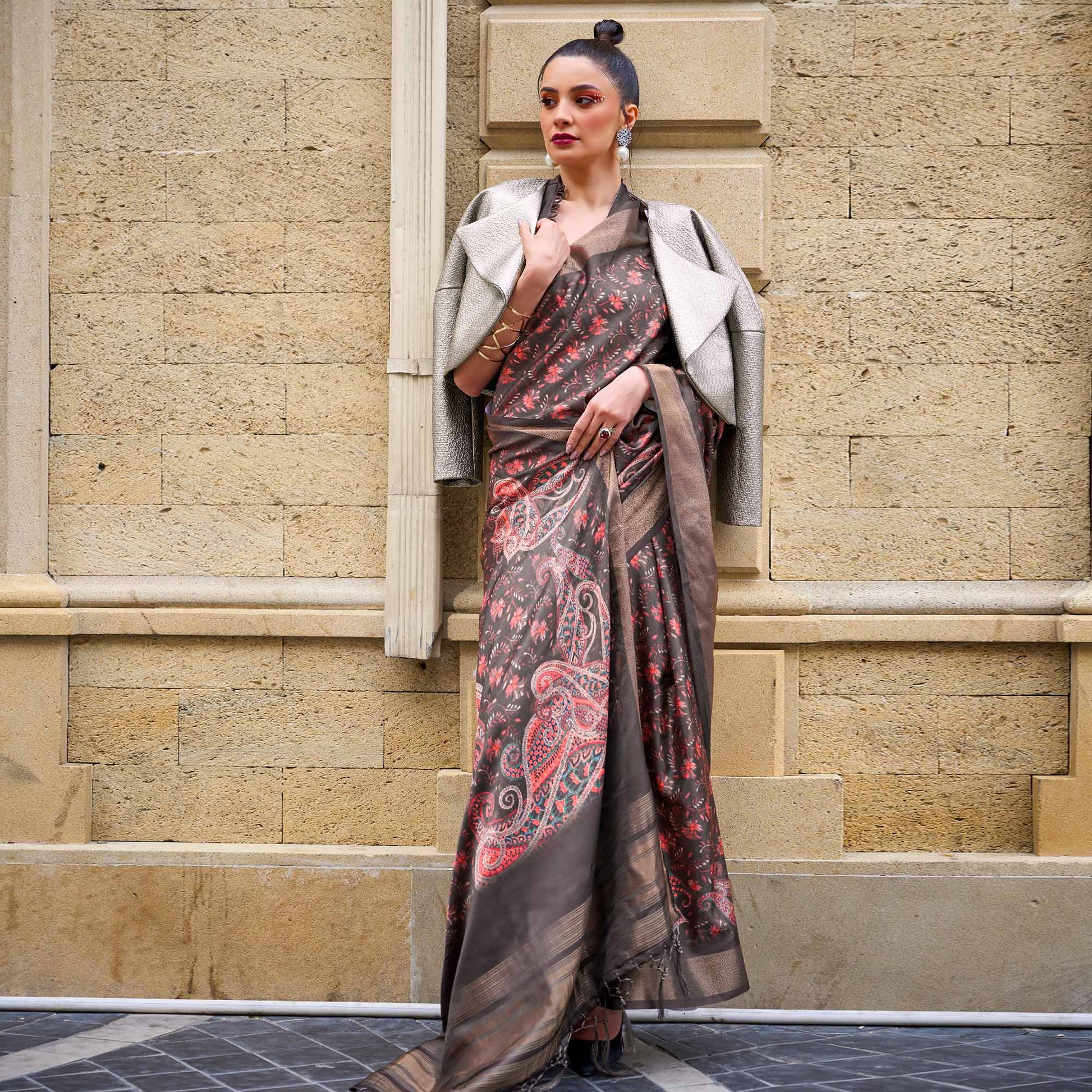 Brown Digital Printed Satin Saree With Tassels