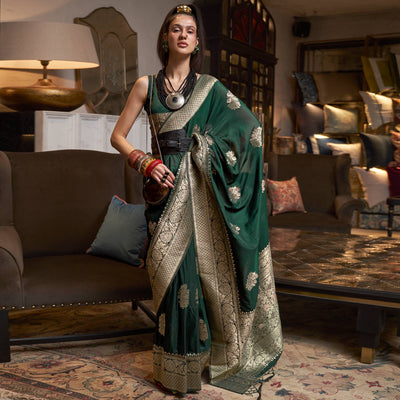 green-woven-georgette-saree-with-tassels