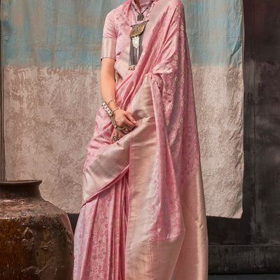 Light Peach Handloom Woven Pure Satin Saree