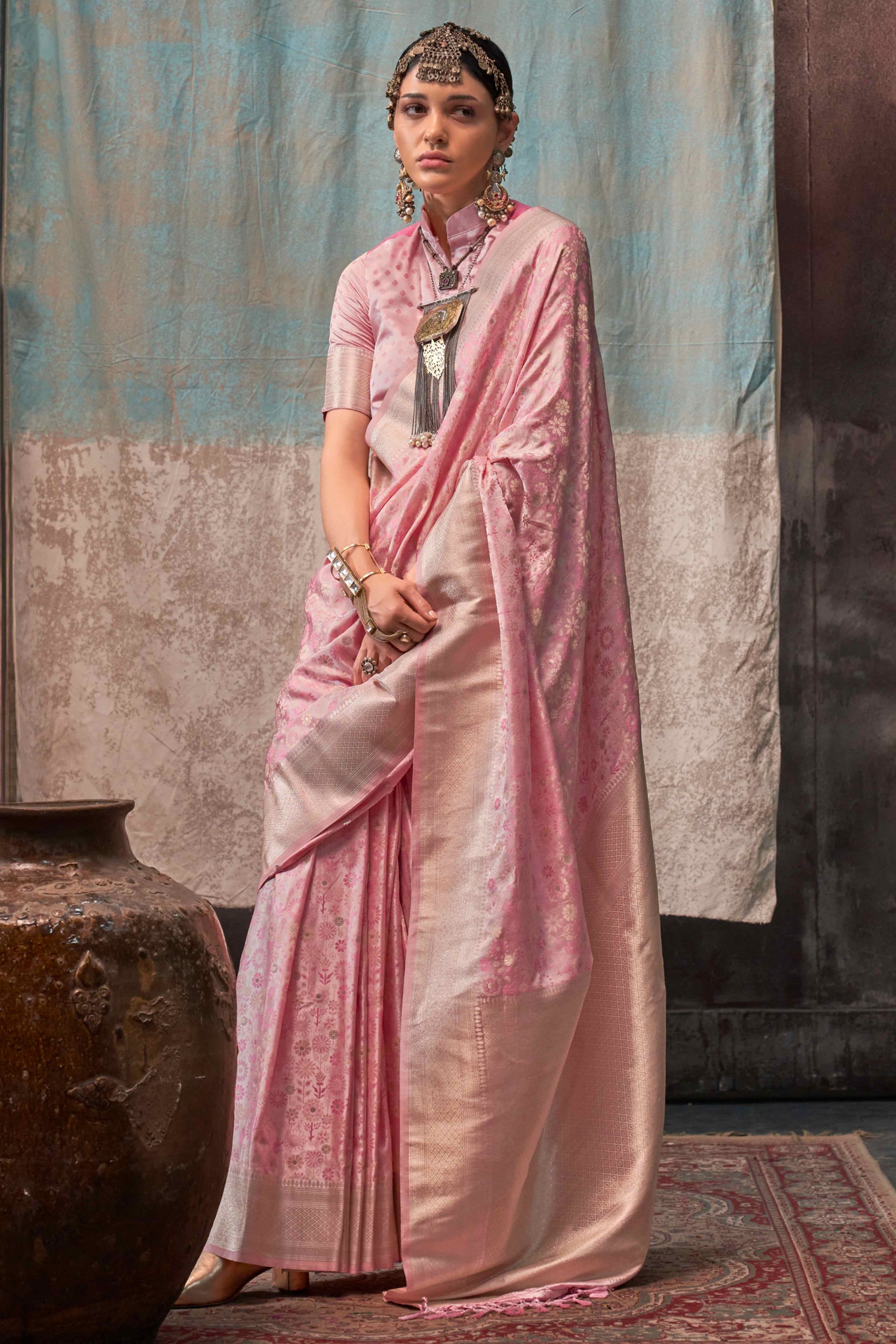 Light Peach Handloom Woven Pure Satin Saree