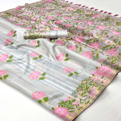 grey-floral-woven-pure-silk-saree-with-tassels