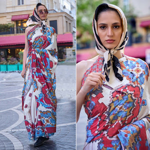 Cream Digital Printed Crepe Saree