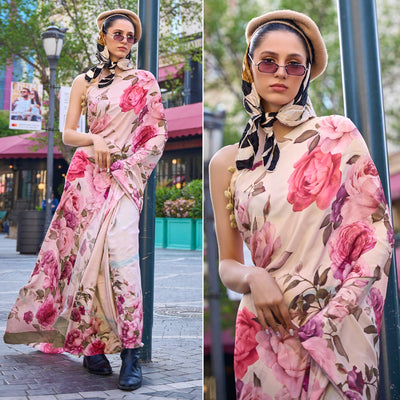 Light Chikoo Digital Printed Crepe Saree