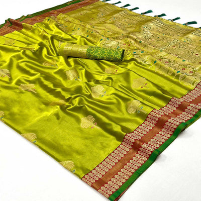 green-woven-satin-saree-with-tassels-3