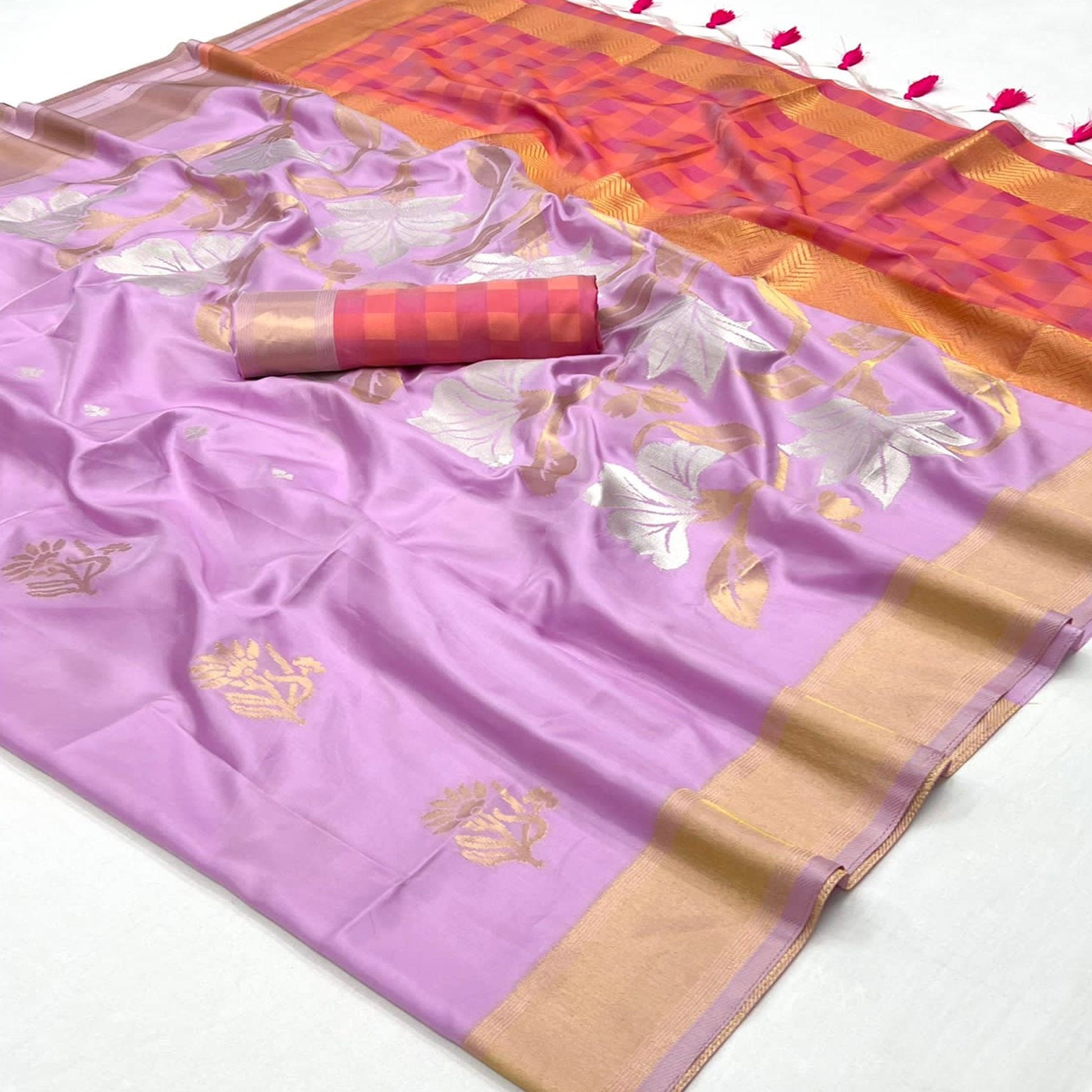 Lavender Floral Woven Art Silk Saree With Tassels