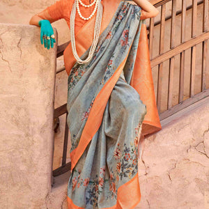 grey-orange-woven-floral-printed-georgette-saree