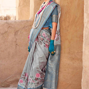 grey-blue-woven-floral-printed-georgette-saree