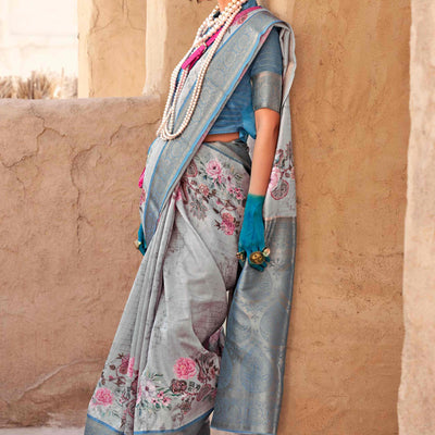 grey-blue-woven-floral-printed-georgette-saree