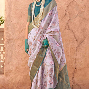 Light Mauve Woven Floral Printed Georgette Saree