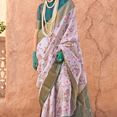 Light Mauve Woven Floral Printed Georgette Saree