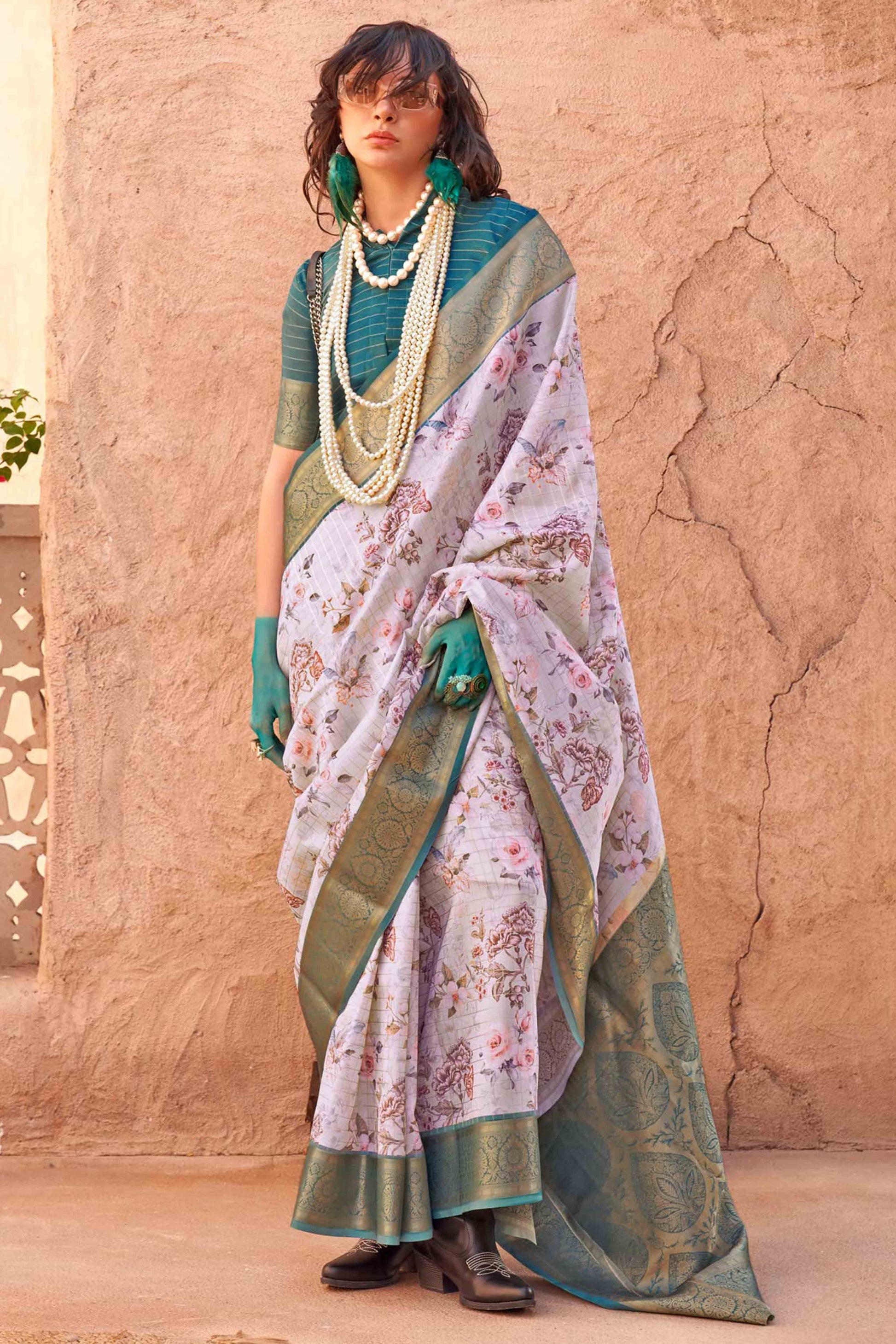 Light Mauve Woven Floral Printed Georgette Saree