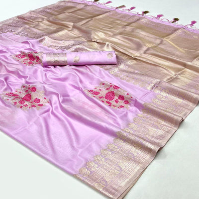 Lavender Floral Woven Art Silk Saree With Tassels