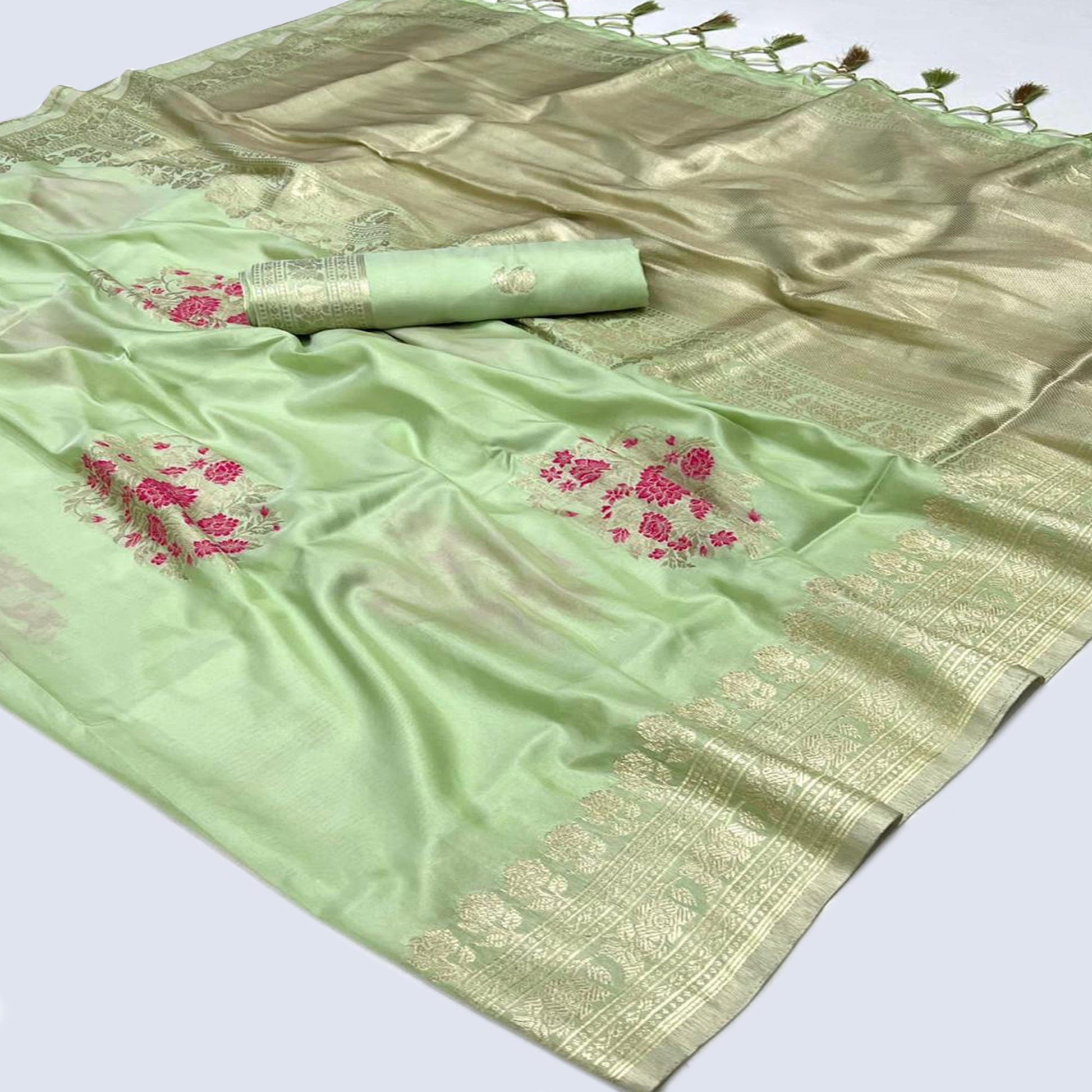 green-floral-woven-art-silk-saree-with-tassels-3
