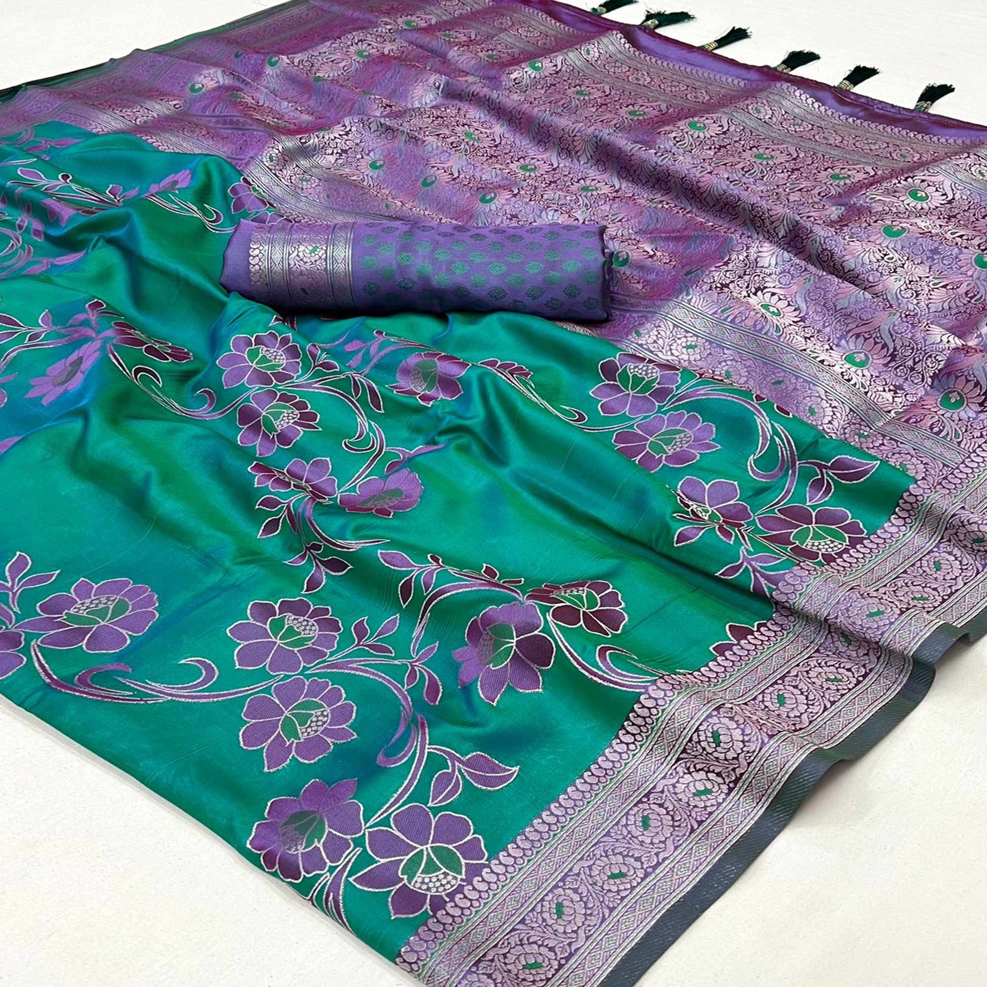 green-floral-woven-satin-saree-with-tassels-2