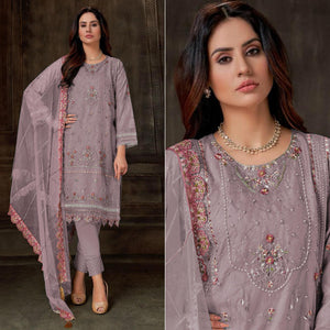 Mauve Floral Embroidered Georgette Pakistani Semi Stitched Dress Material