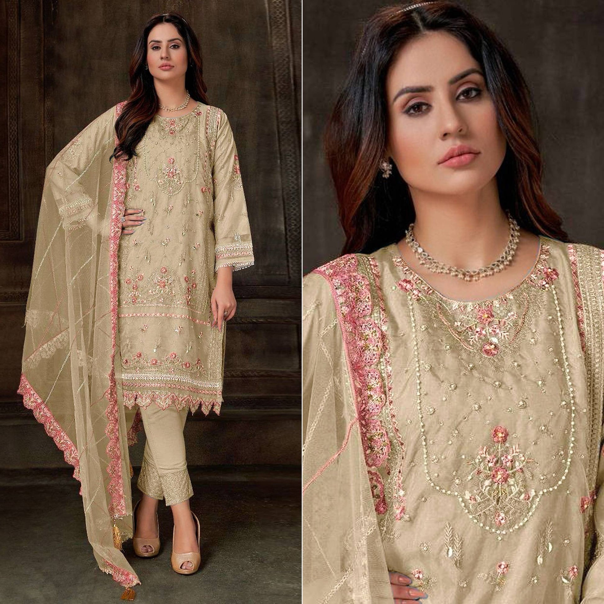 Cream Floral Embroidered Georgette Pakistani Semi Stitched Dress Material